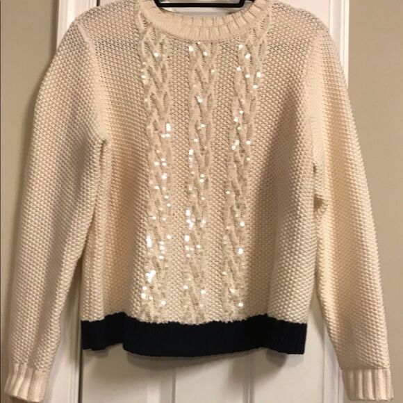 St John Cable Sequin Sweater White Blue Large - Picture 8 of 9